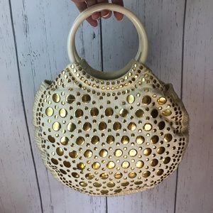 Vintage 60’s ivory corduroy hoop purse with gold metal details and beading